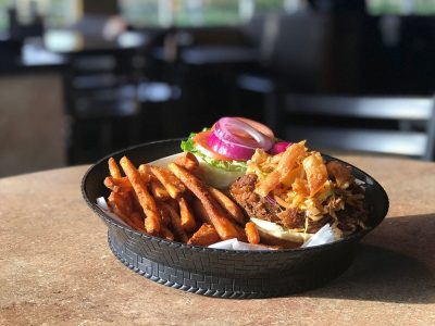 beef burger and chips