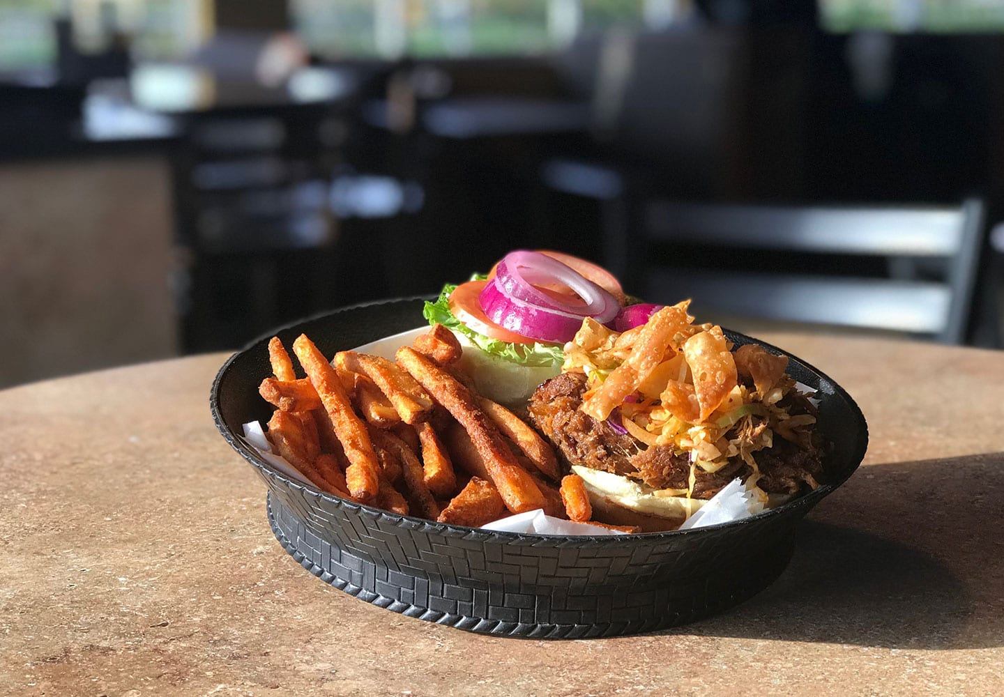 beef burger and chips